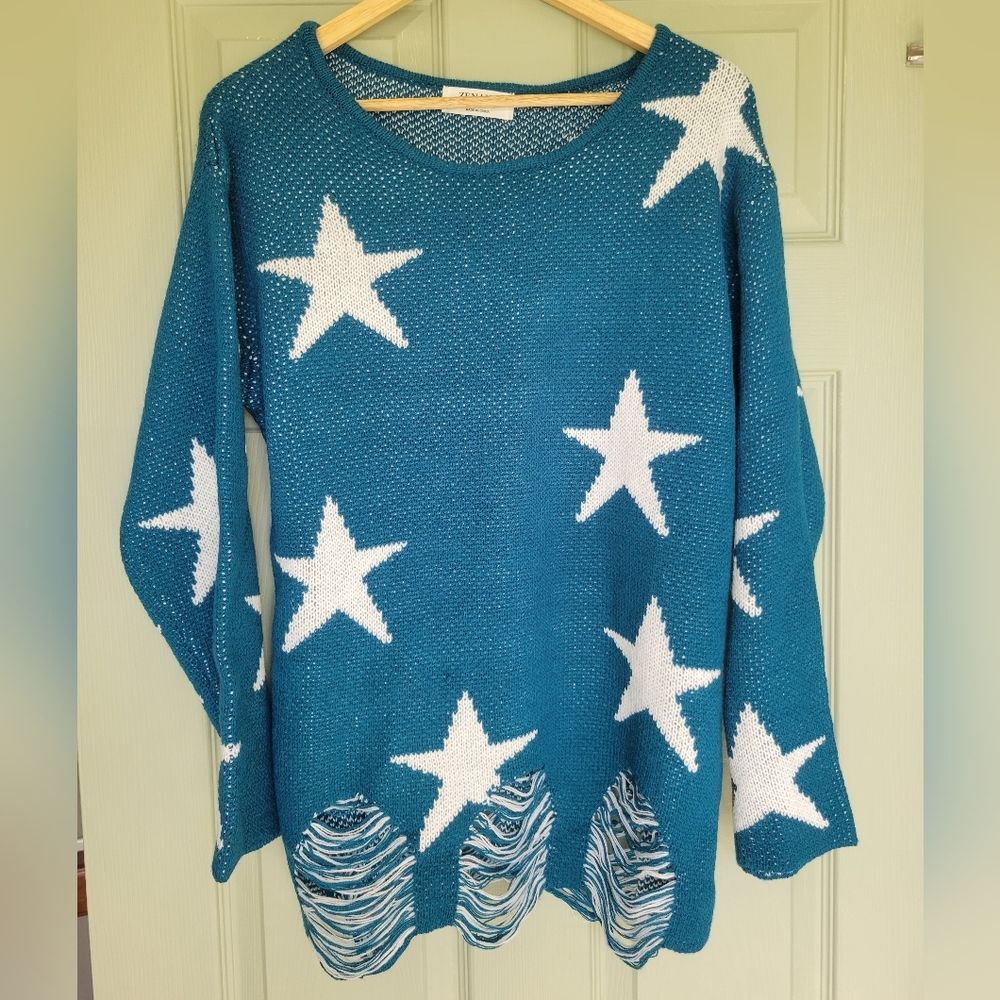 Zenana Outfitters Cozy Boho Teal Star-Print Scoop Neck Sweater Grunge Y2K XS